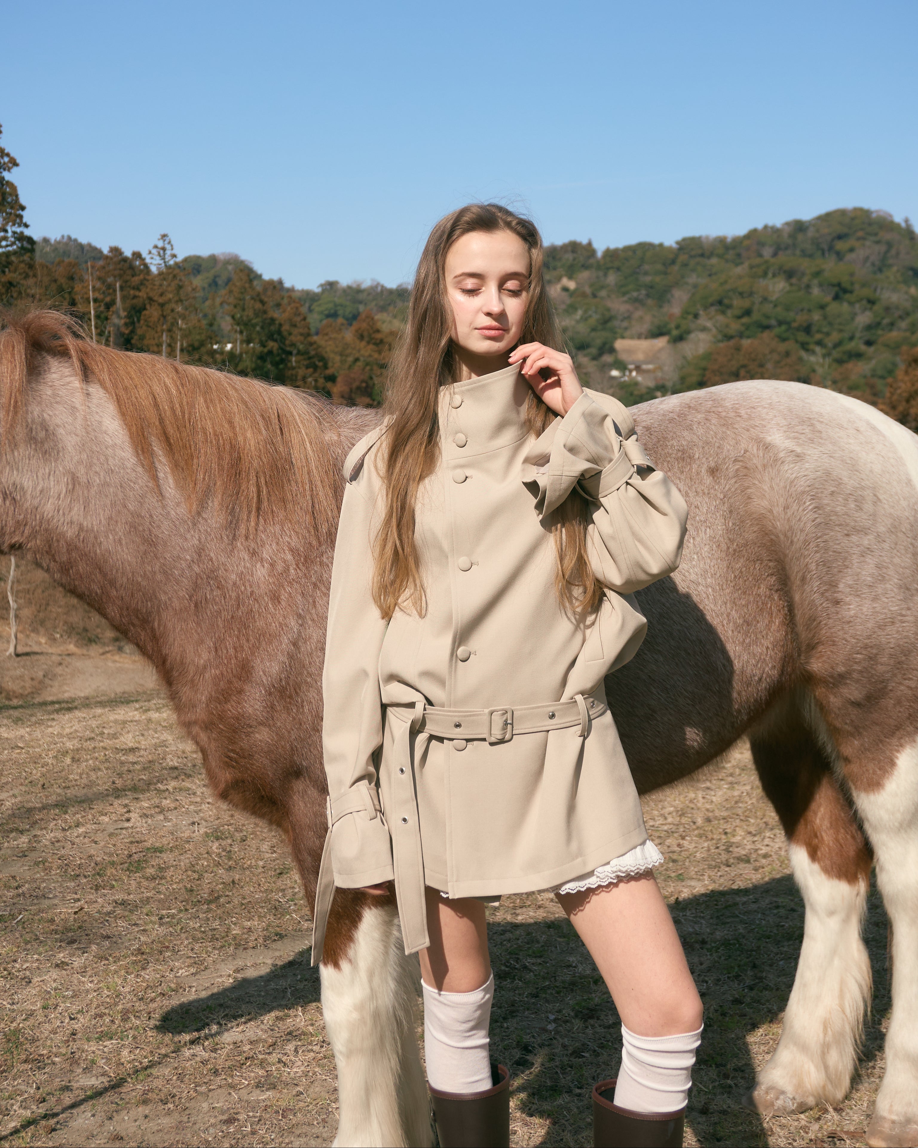 2wayスタンドカラーショートトレンチコート