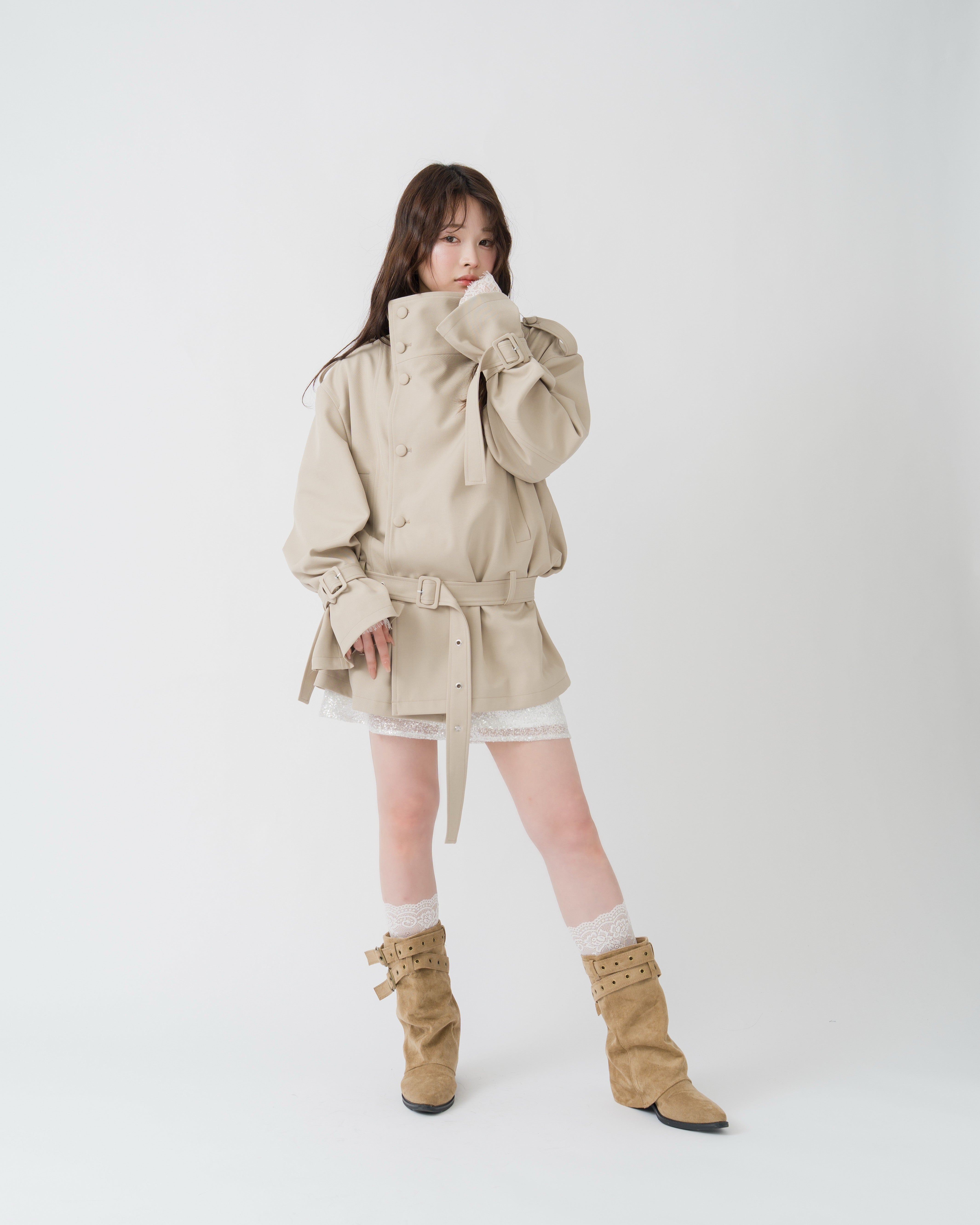 2wayスタンドカラーショートトレンチコート