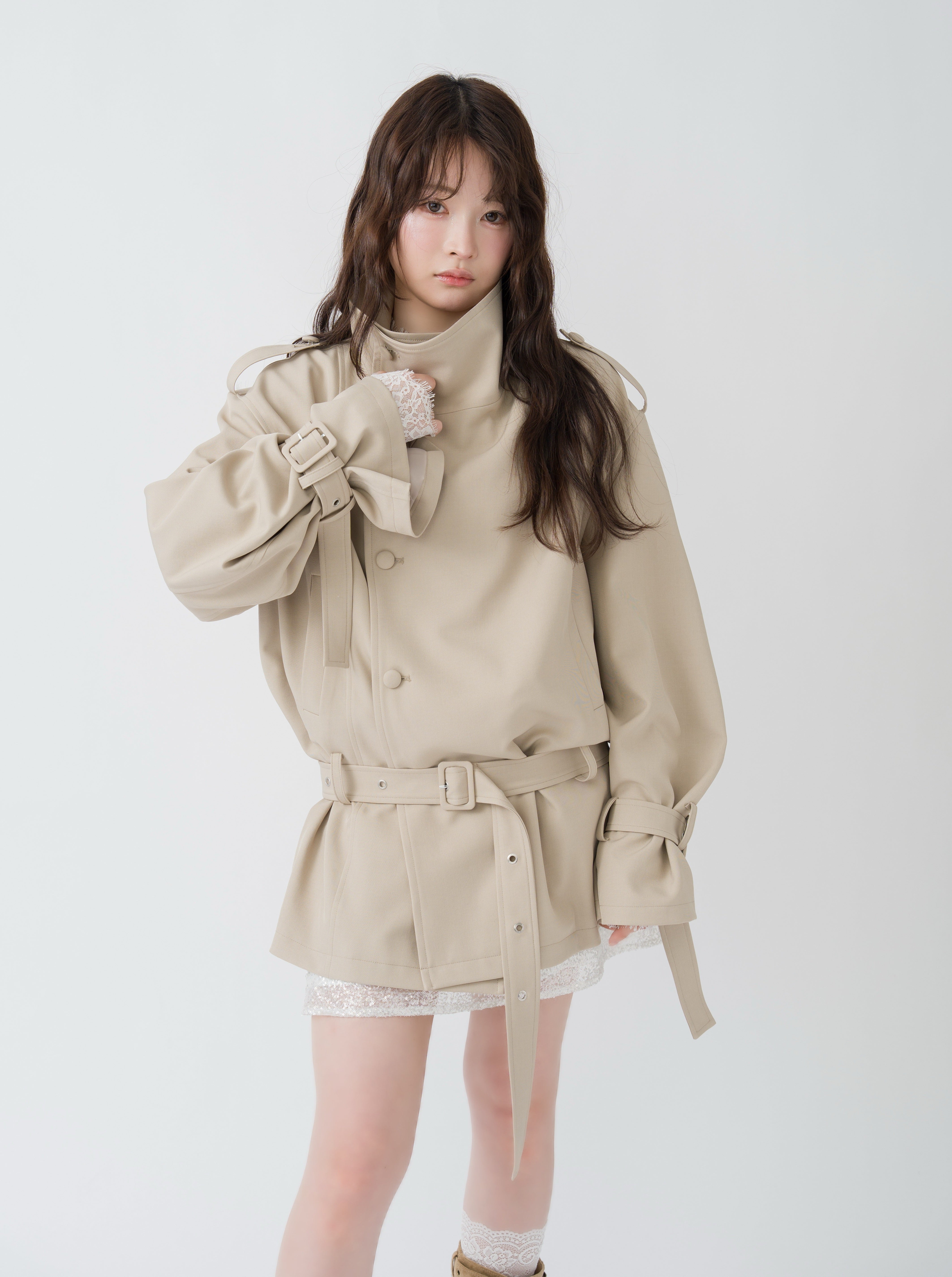 2wayスタンドカラーショートトレンチコート