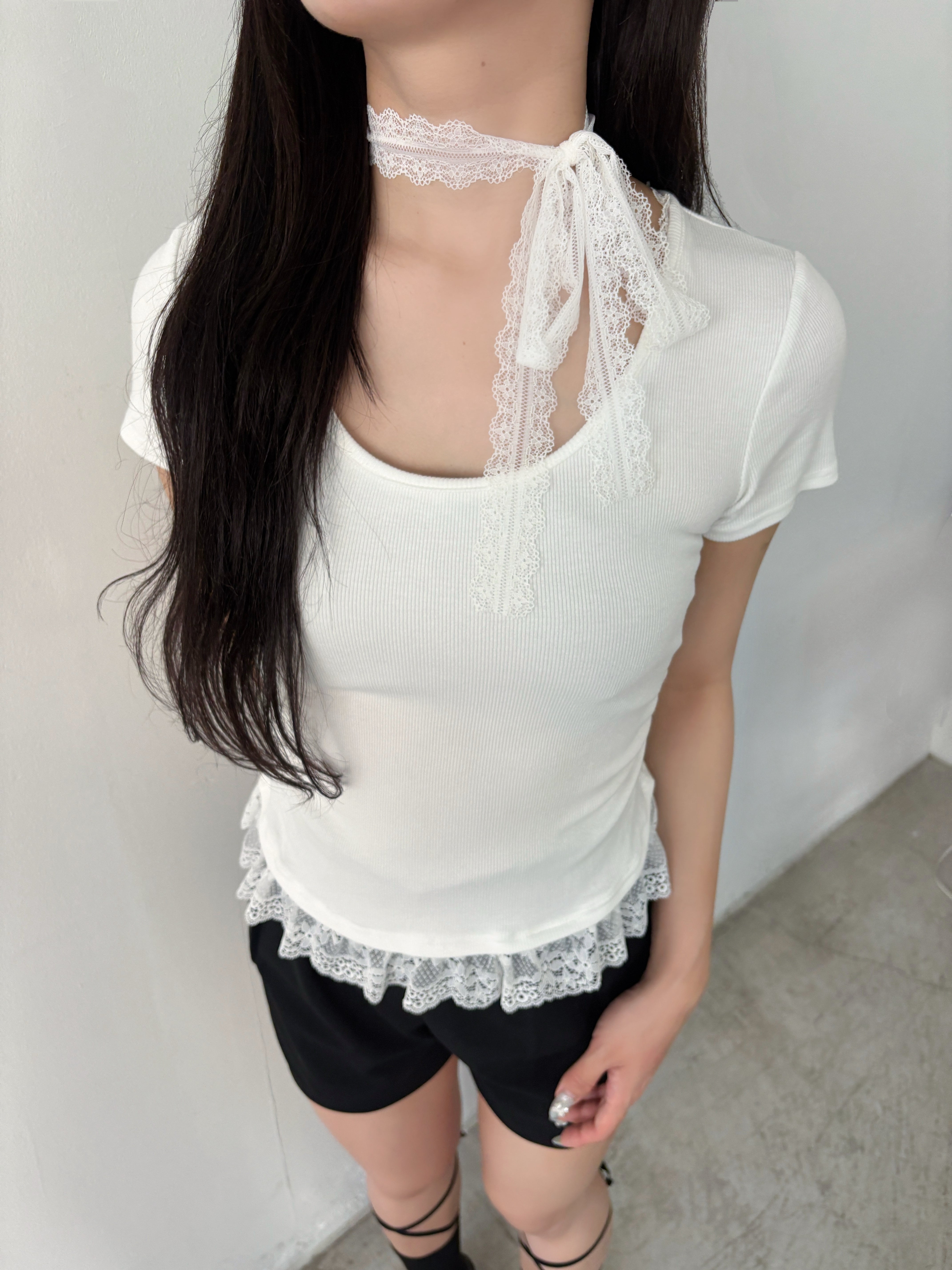 タイ付きレースドッキングＴシャツ