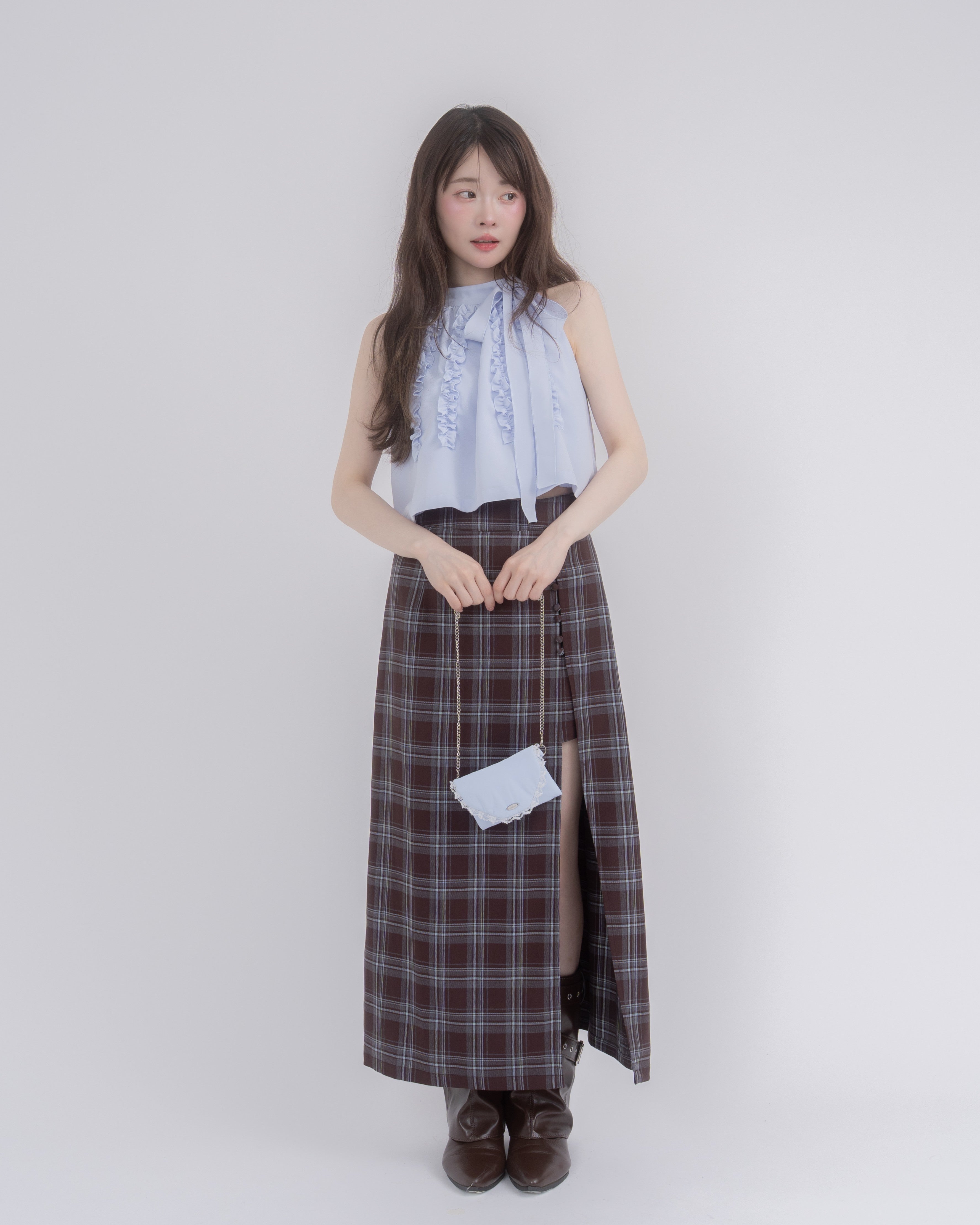 アシメトップススリットスカートチェックセットアップ