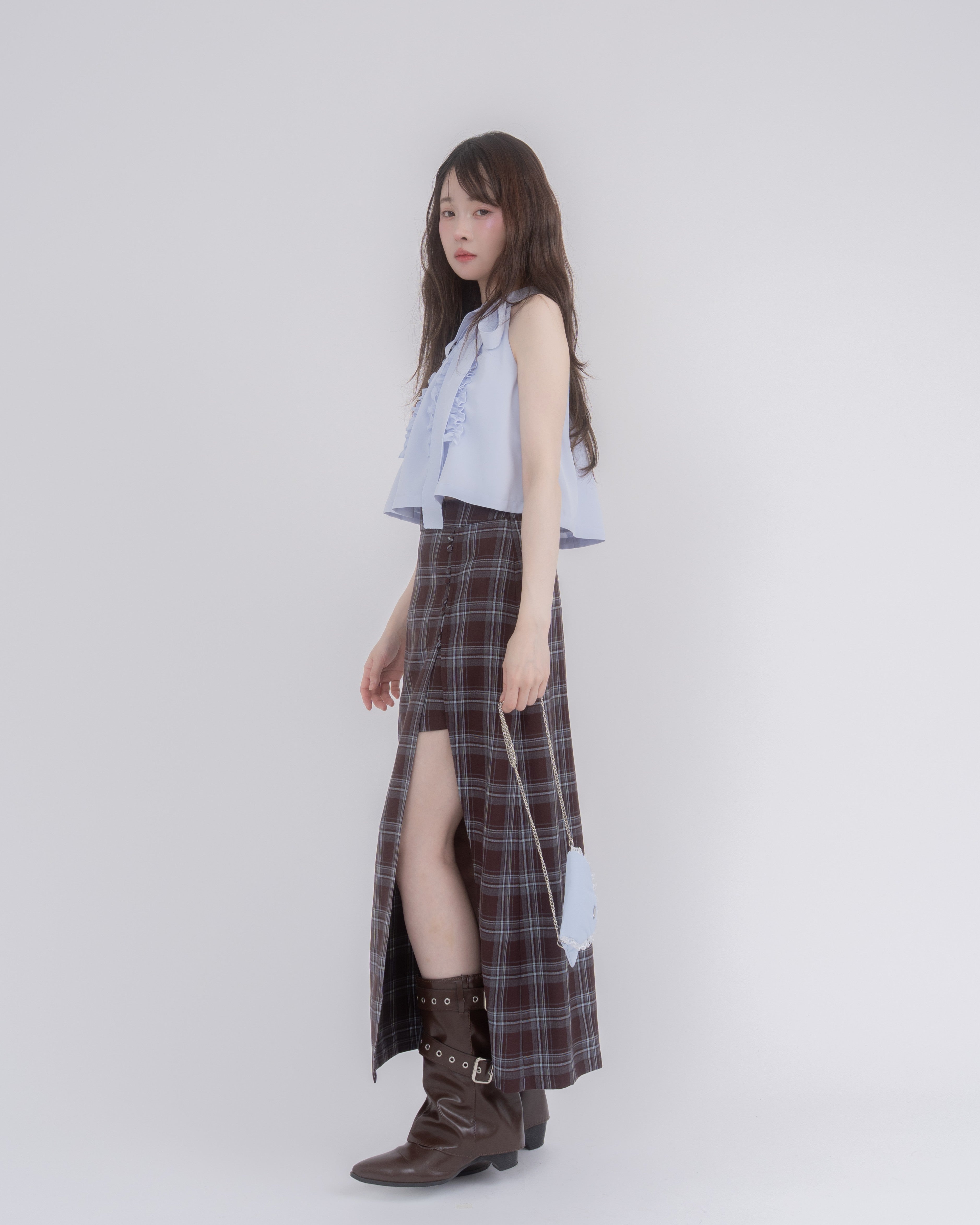 アシメトップススリットスカートチェックセットアップ