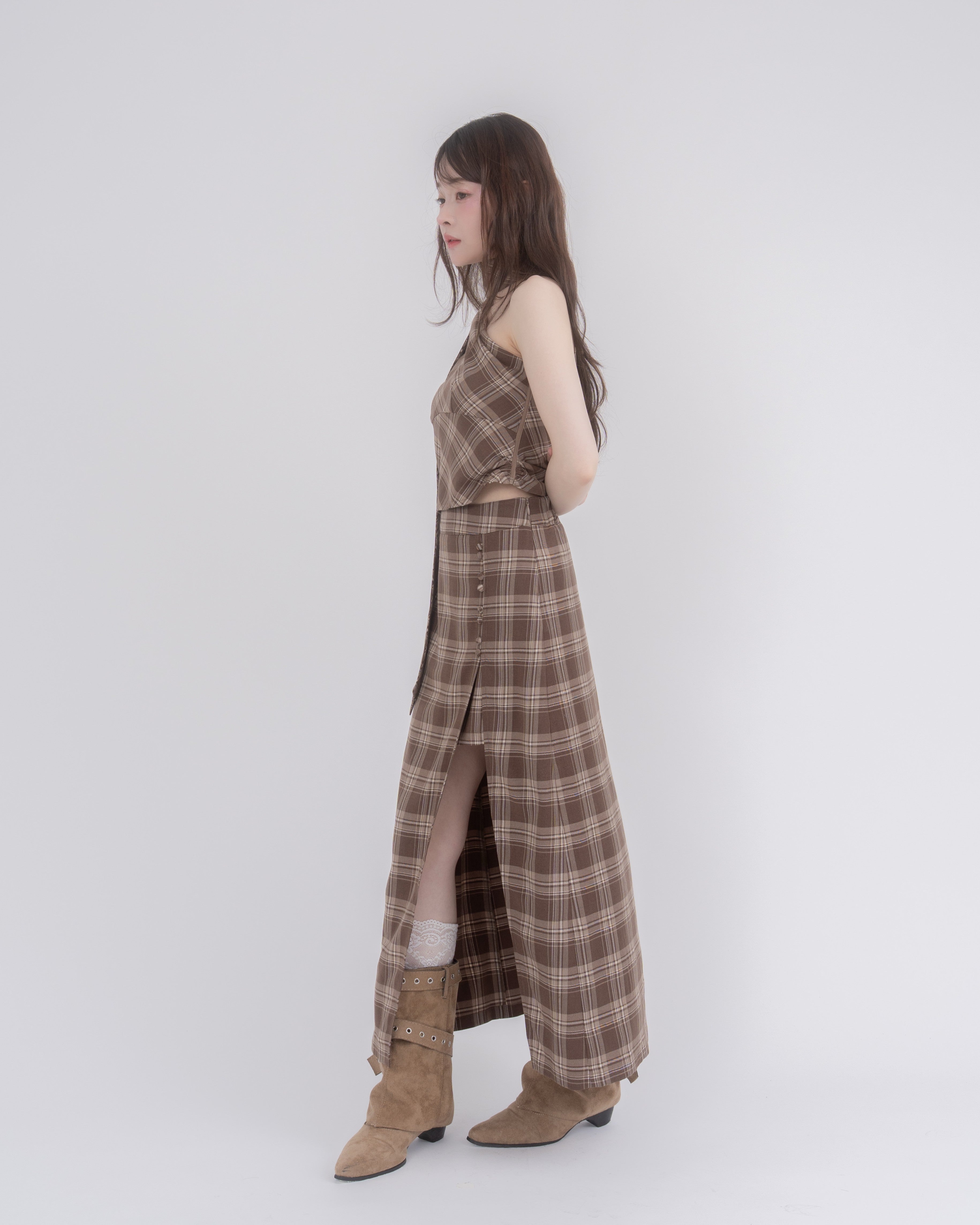 アシメトップススリットスカートチェックセットアップ