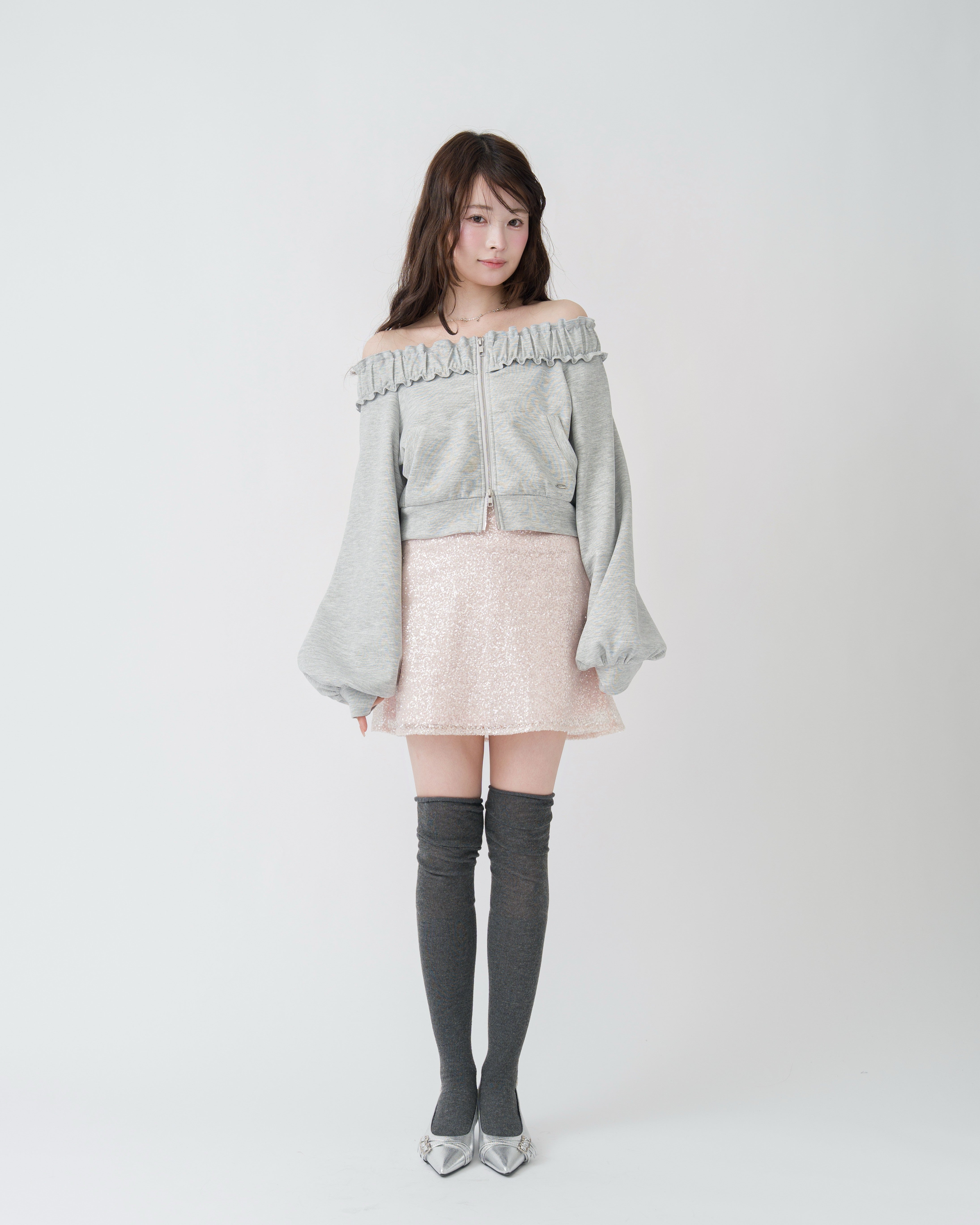 ダブルジップオフショルフリルスウェット