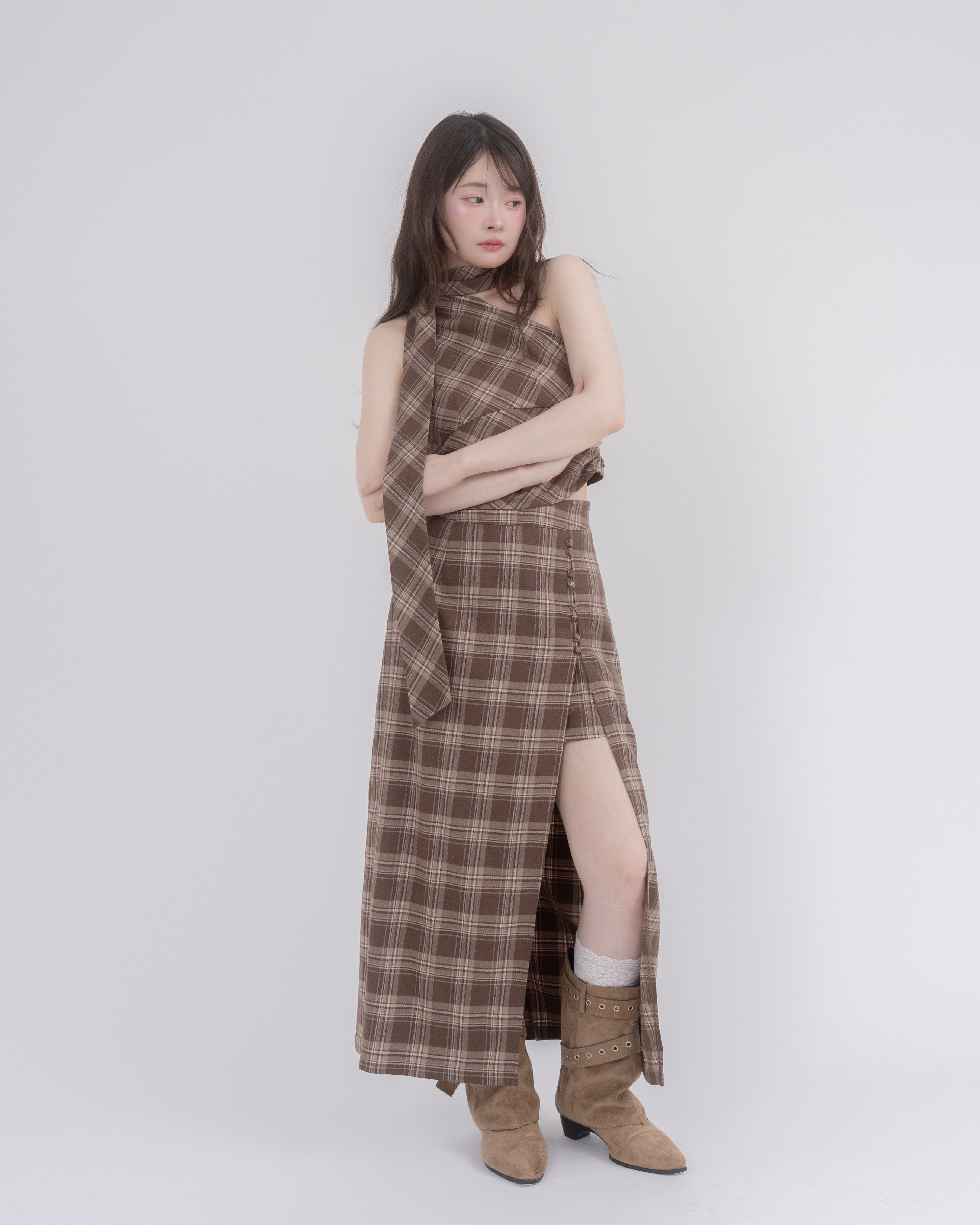 アシメトップススリットスカートチェックセットアップ