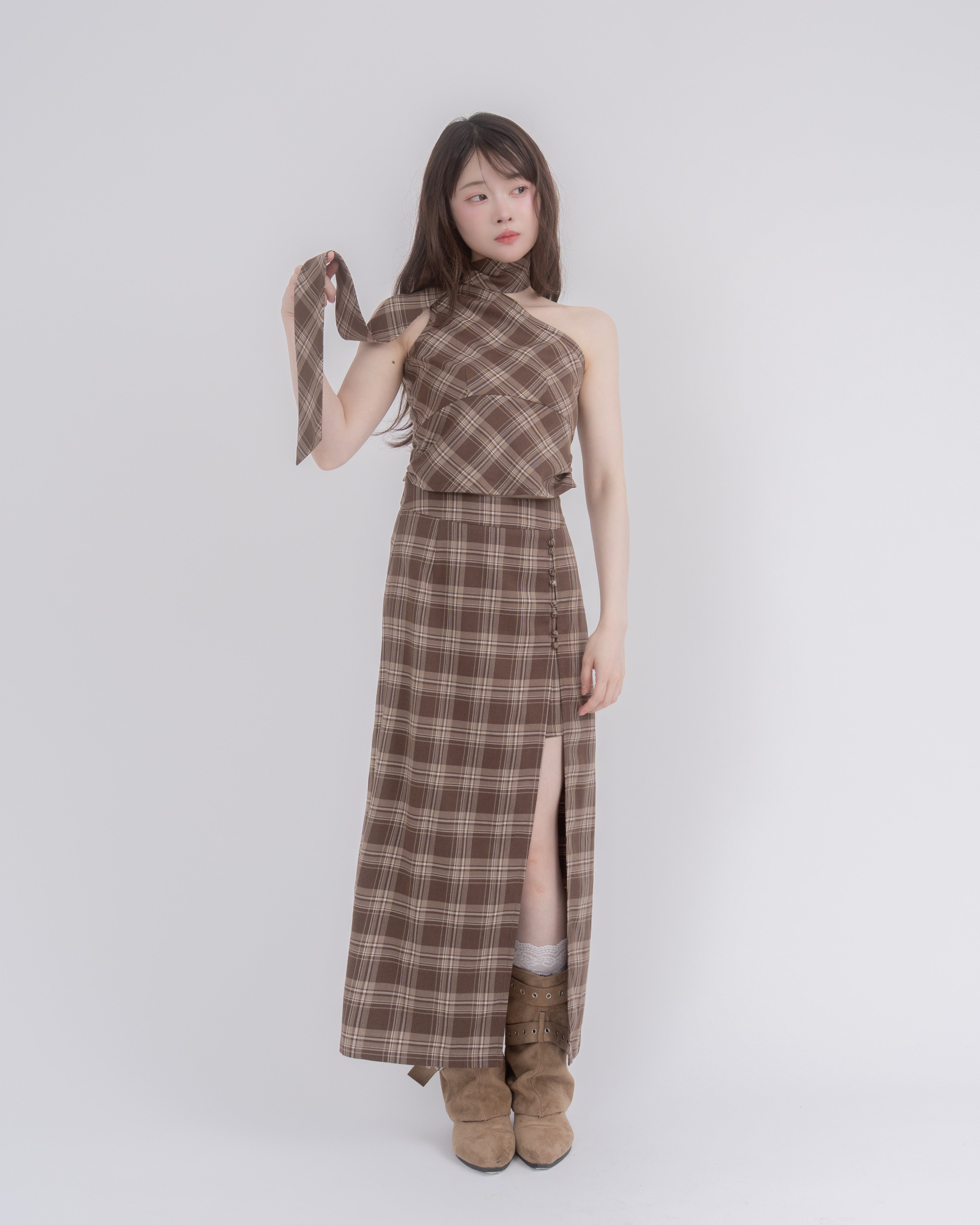 アシメトップススリットスカートチェックセットアップ