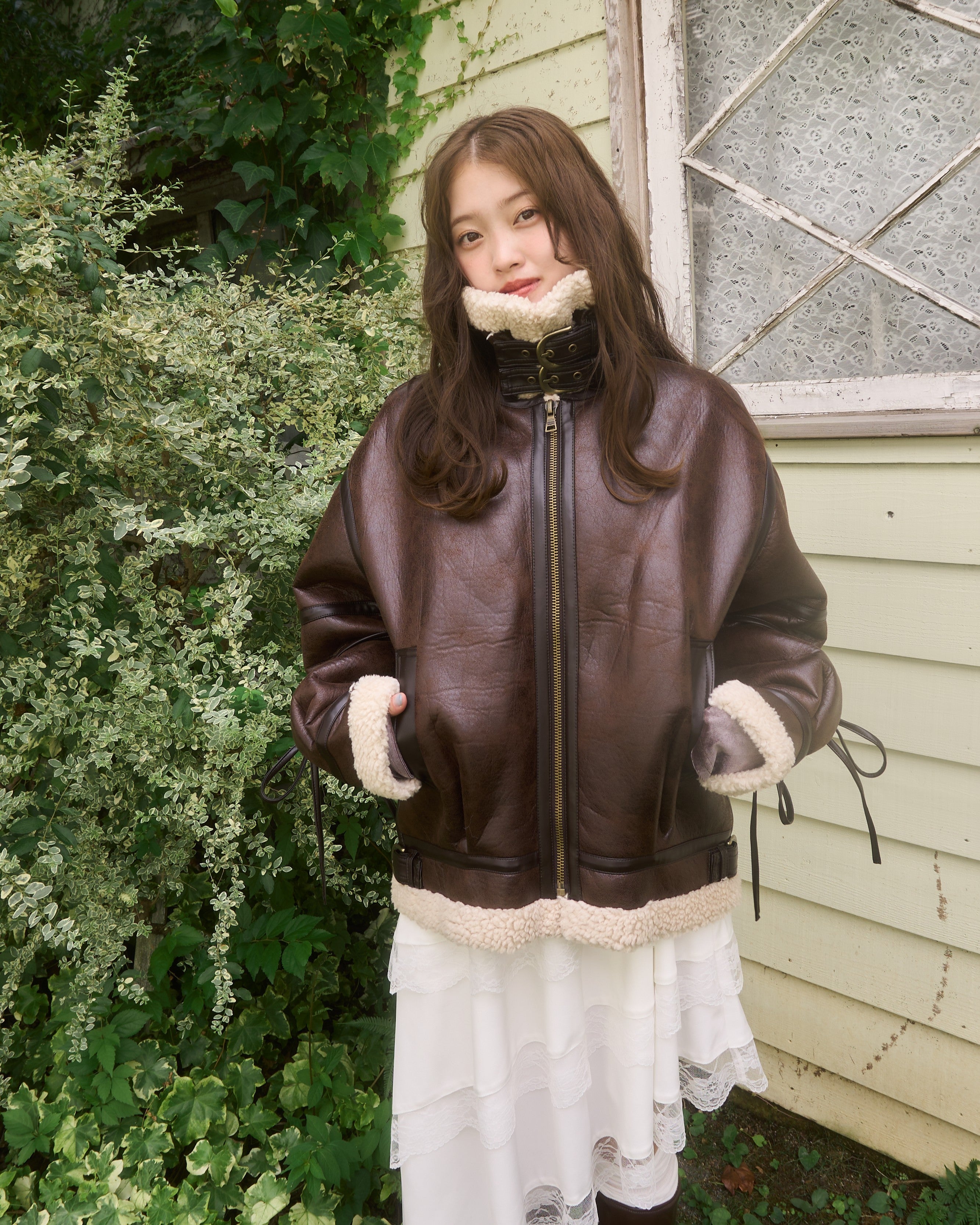 レザーラインボアコート マルチウェイヴィンテージレザーライクベルトボアコート｜MELLOWNEON