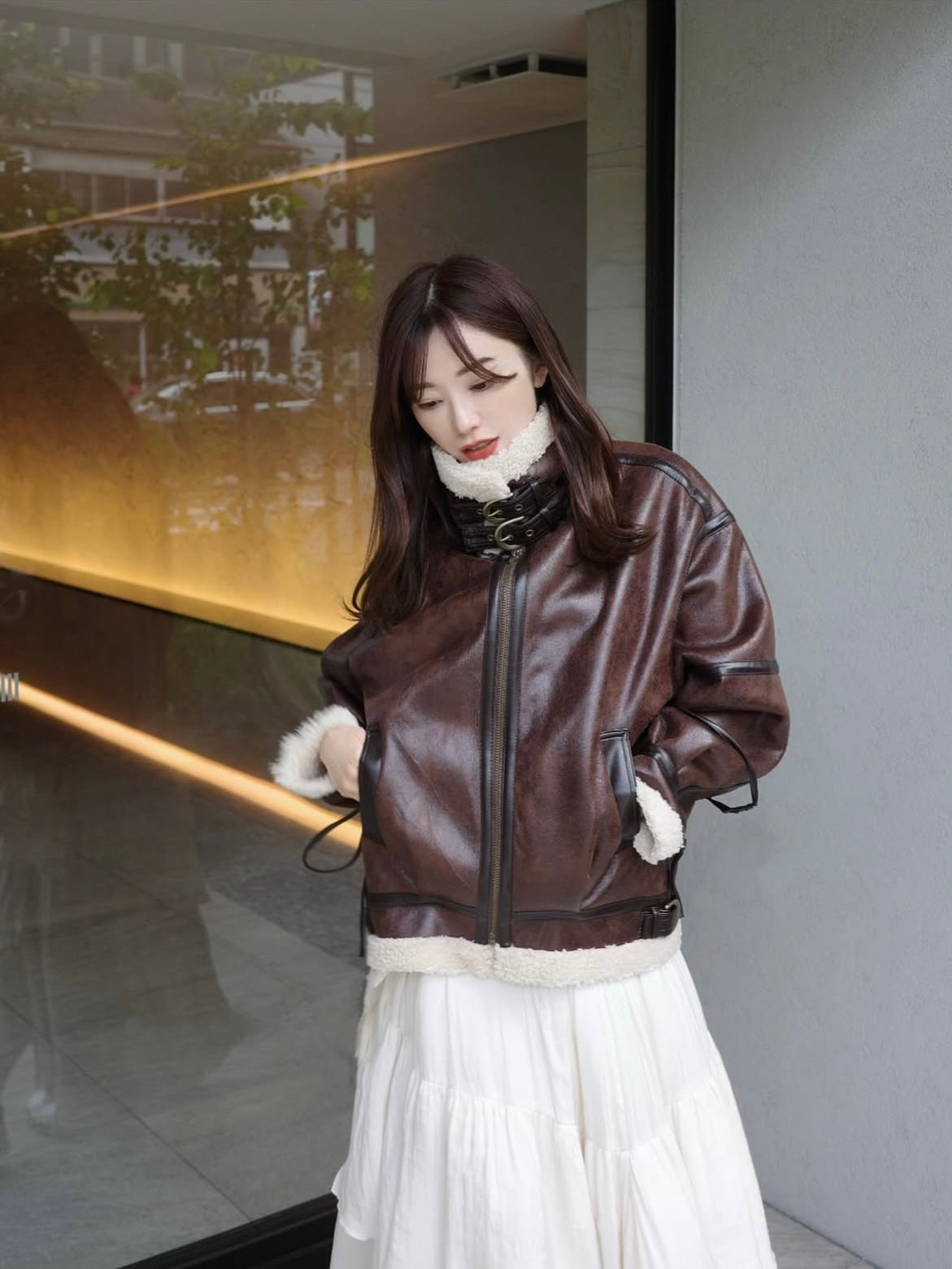 マルチウェイヴィンテージレザーライクベルトボアコート