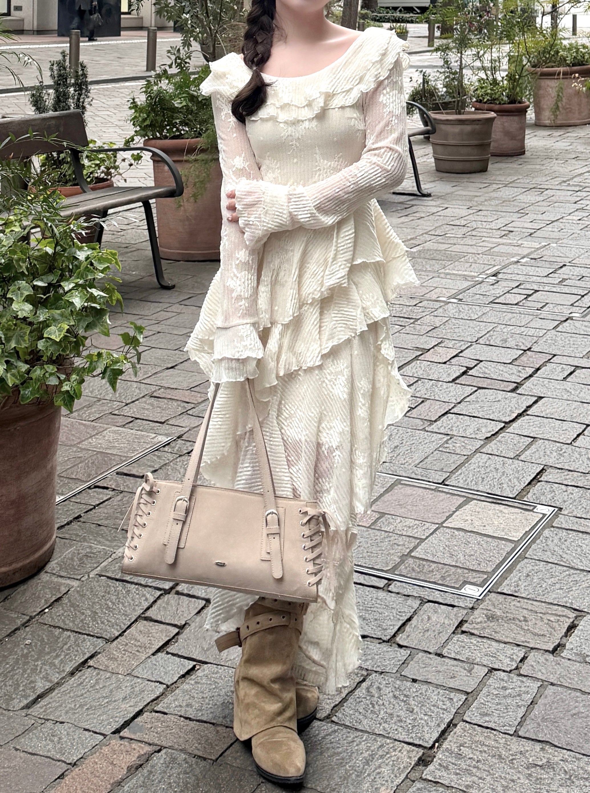 3wayアシンメトリーフリルレースワンピース