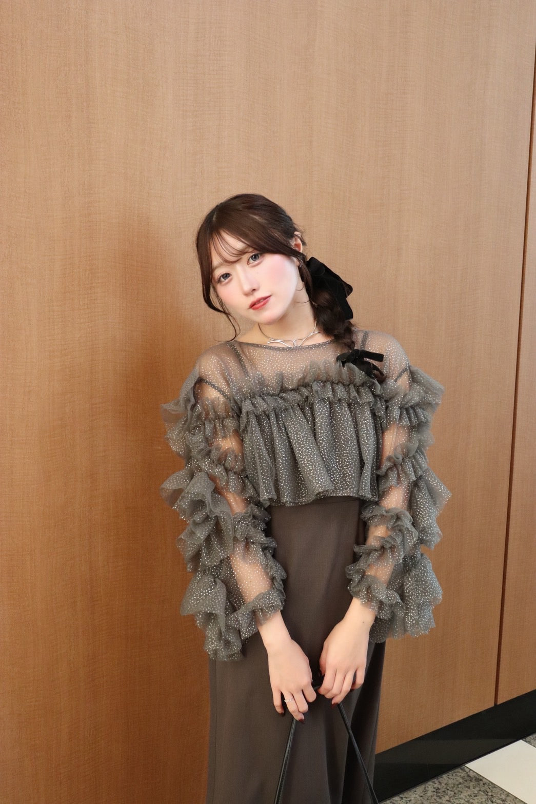 褶边金银丝薄纱场合连衣裙