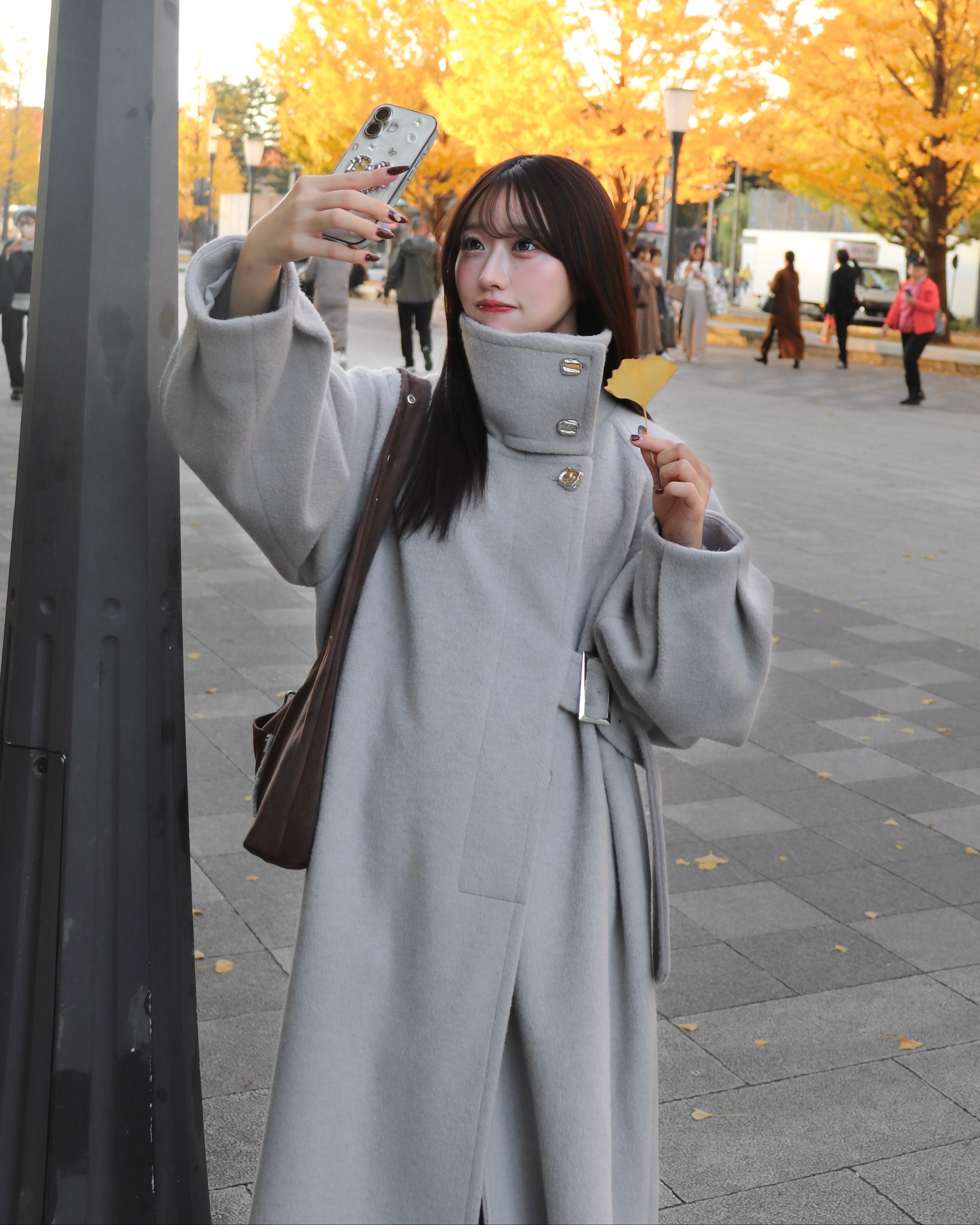 2wayスタンドカラーサイドベルトロングコート