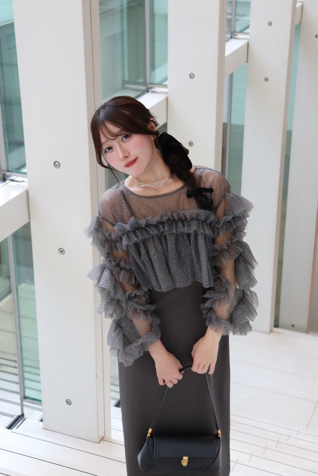 褶边金银丝薄纱场合连衣裙