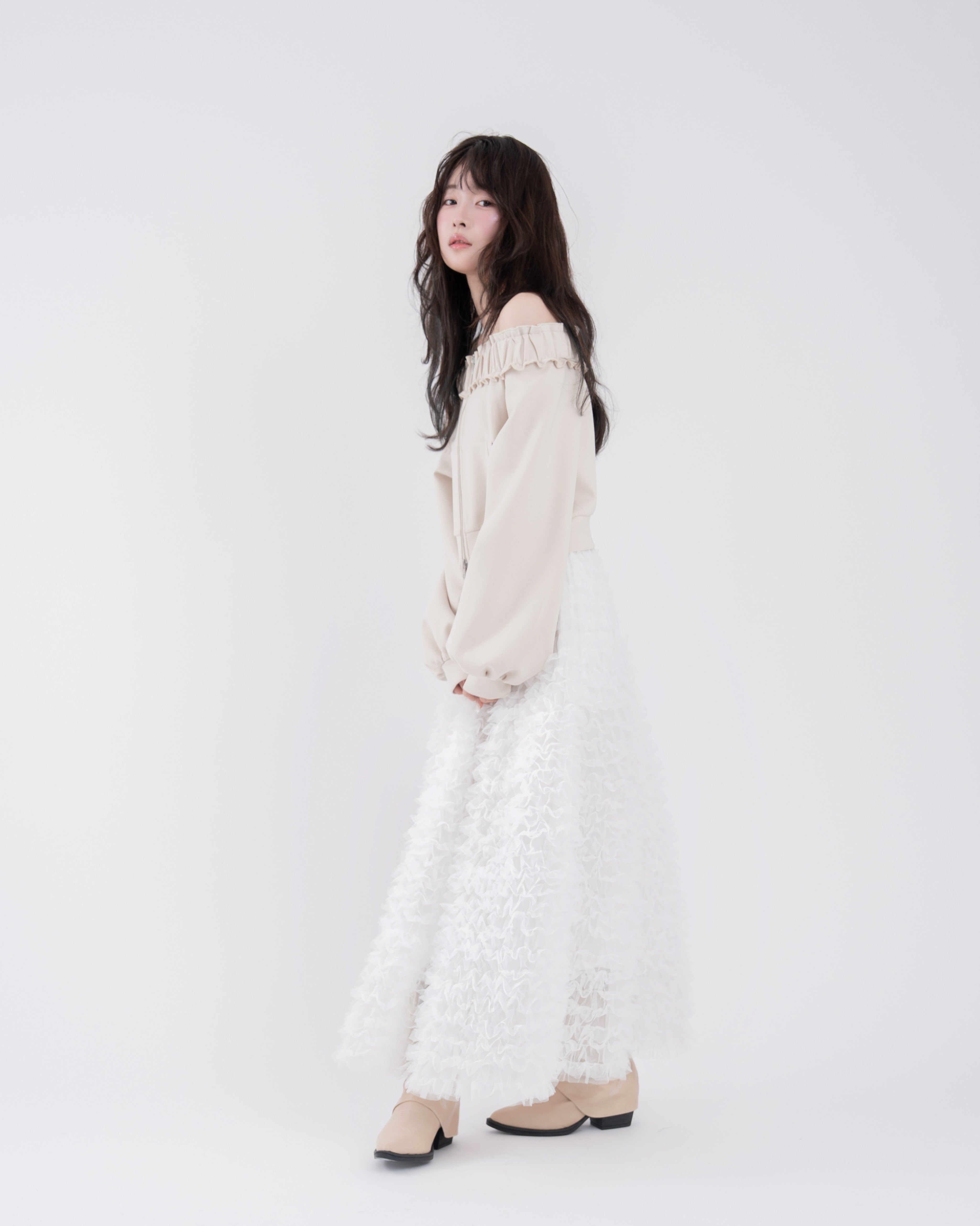 ダブルジップオフショルフリルスウェット