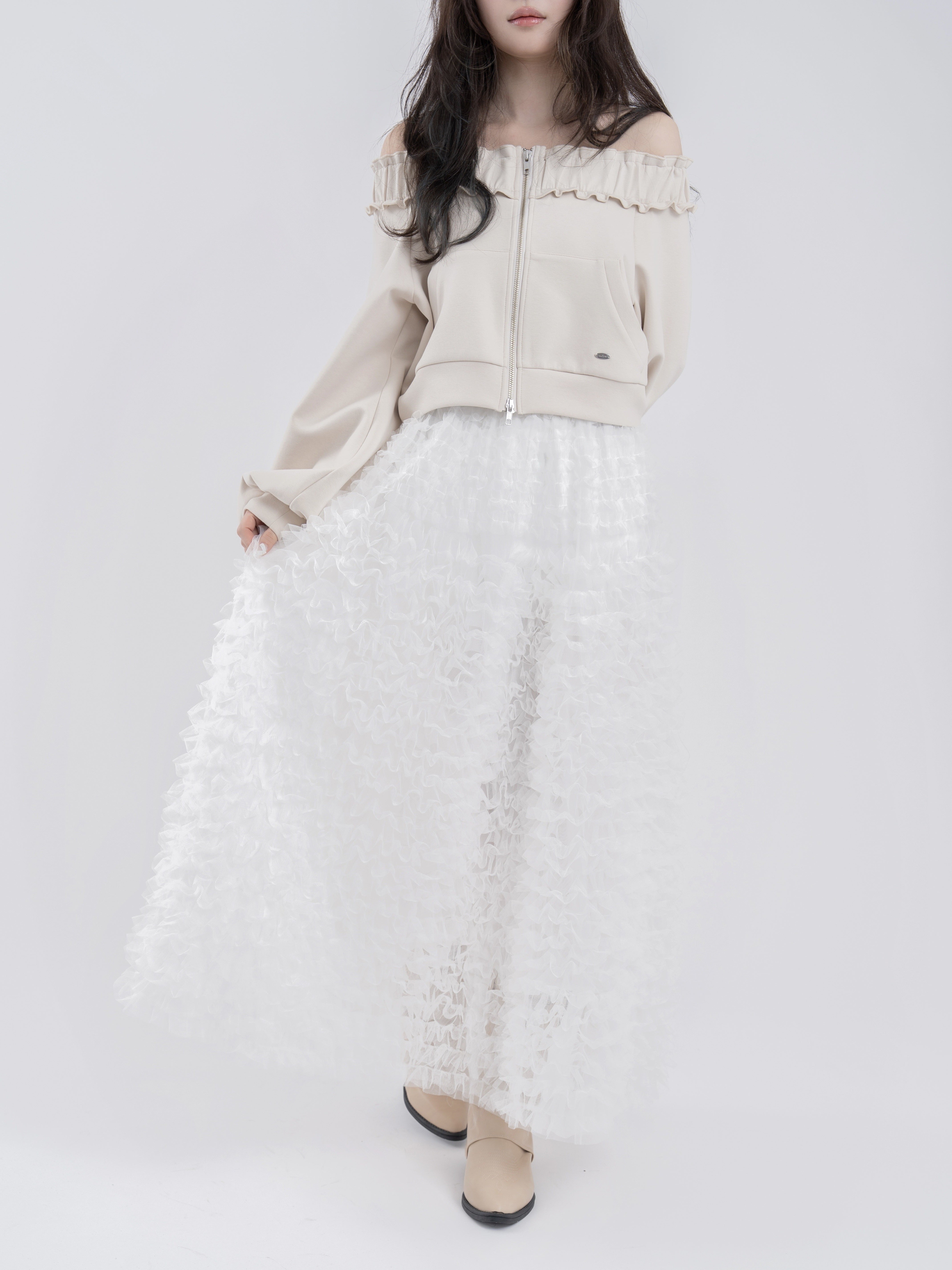 ダブルジップオフショルフリルスウェット