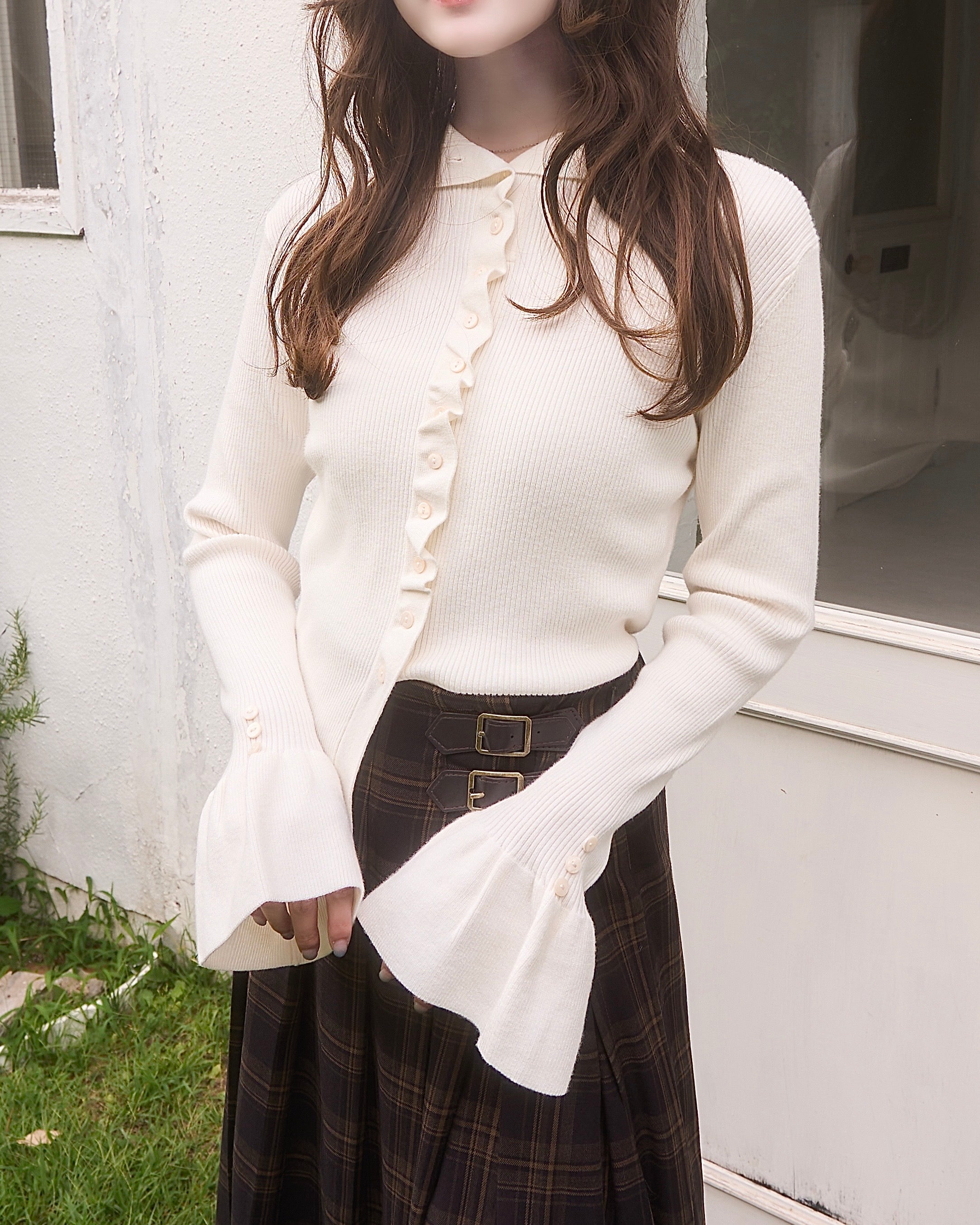 2wayボタンフリルデザインリブニット