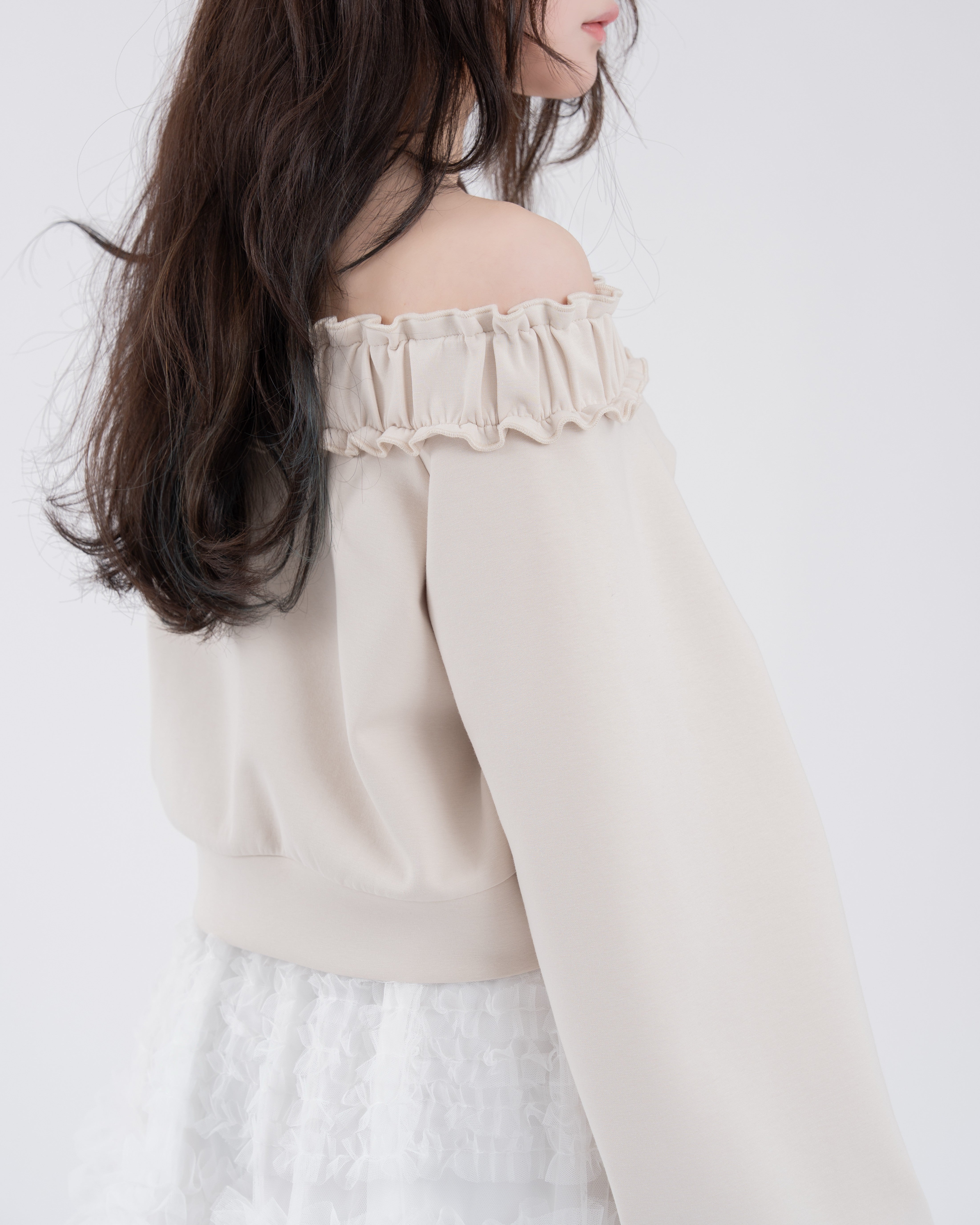 ダブルジップオフショルフリルスウェット