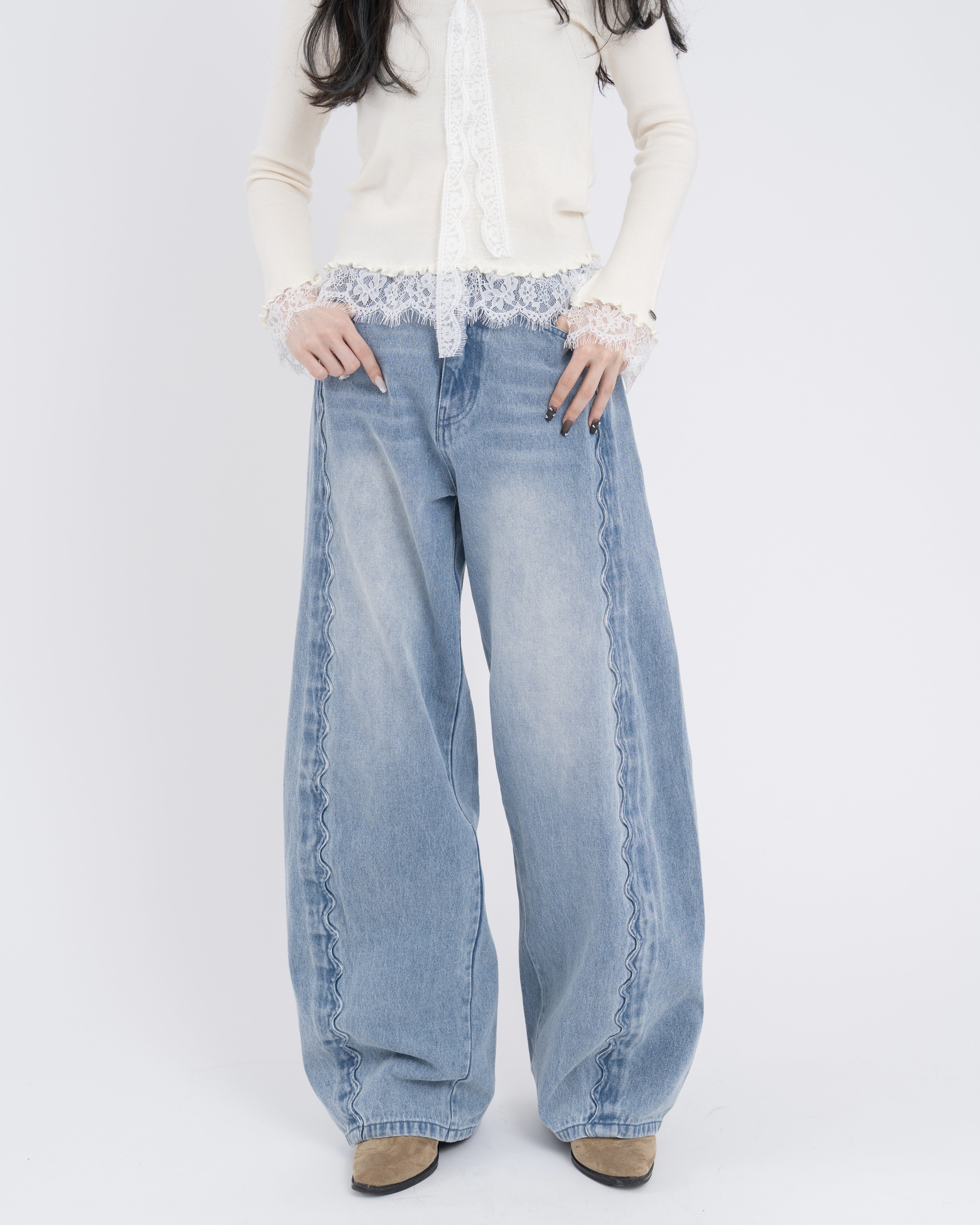 【一部予約】ウェーブラインカーブデニムパンツ