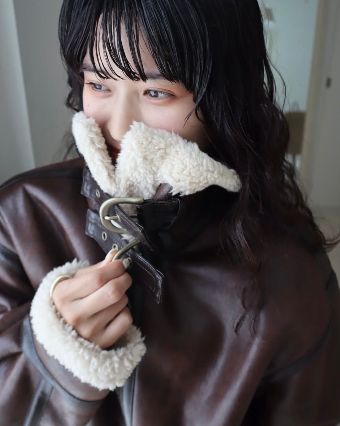 マルチウェイヴィンテージレザーライクベルトボアコート