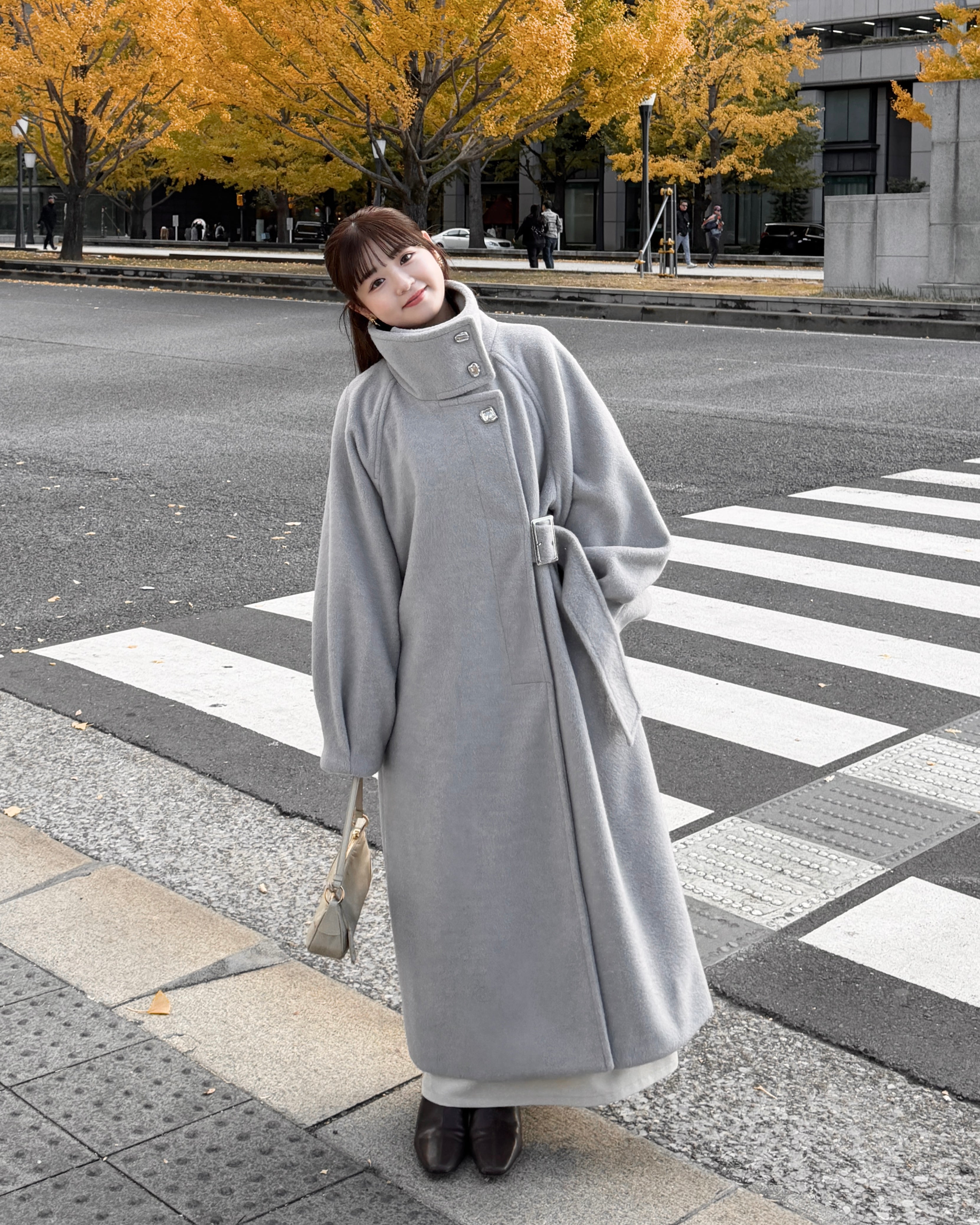 2wayスタンドカラーサイドベルトロングコート