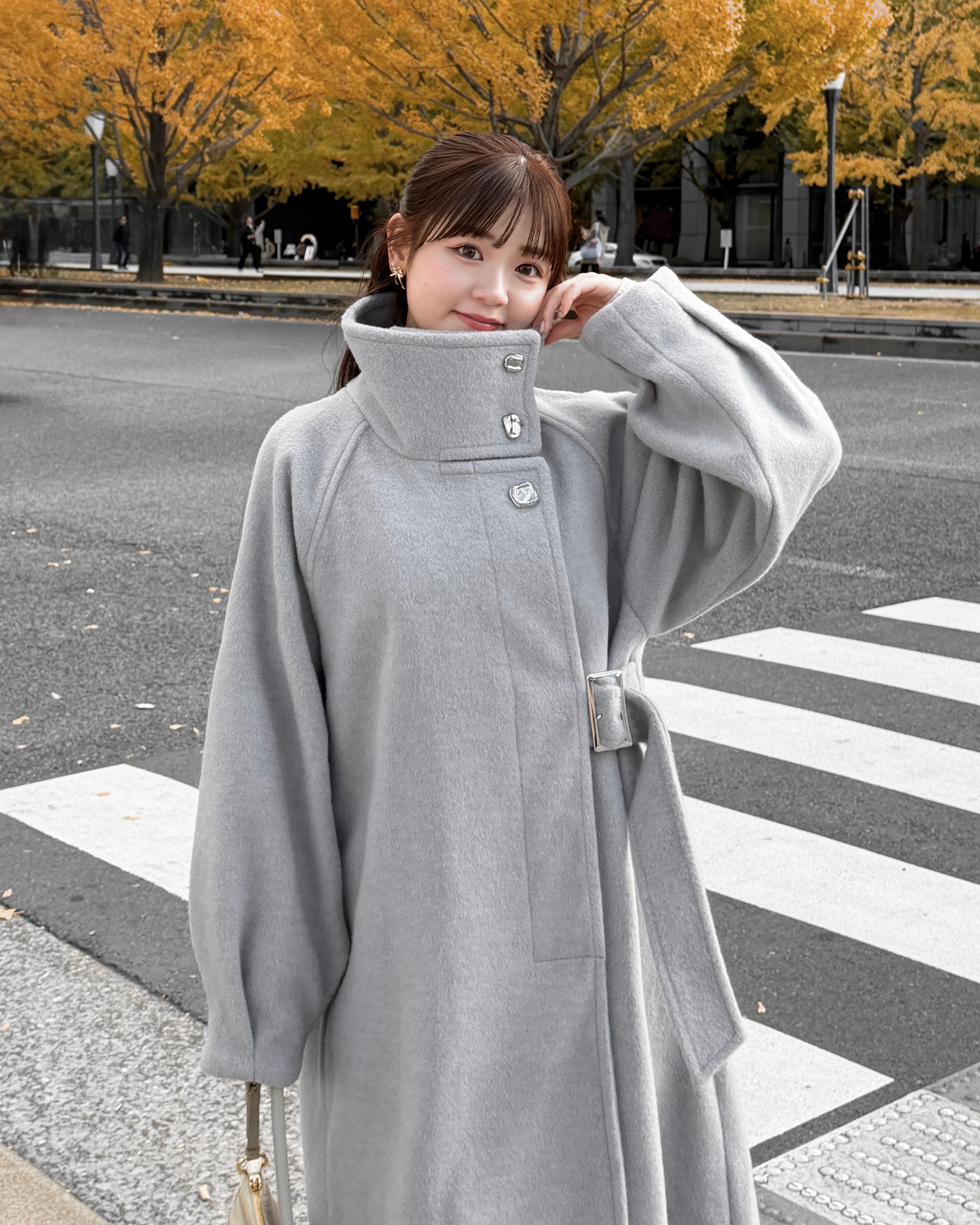 2wayスタンドカラーサイドベルトロングコート