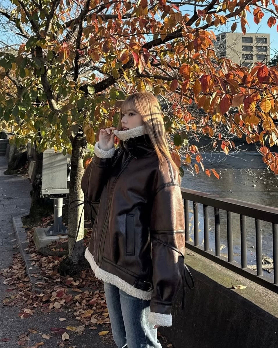 マルチウェイヴィンテージレザーライクベルトボアコート