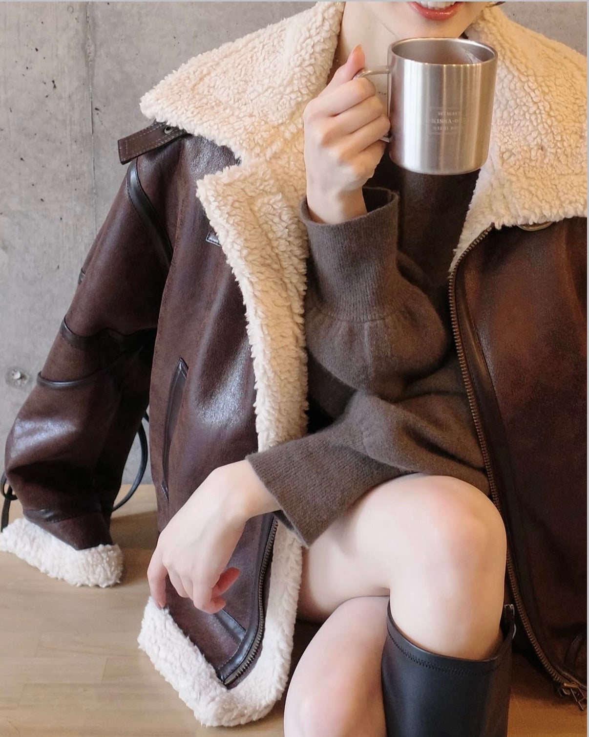 マルチウェイヴィンテージレザーライクベルトボアコート