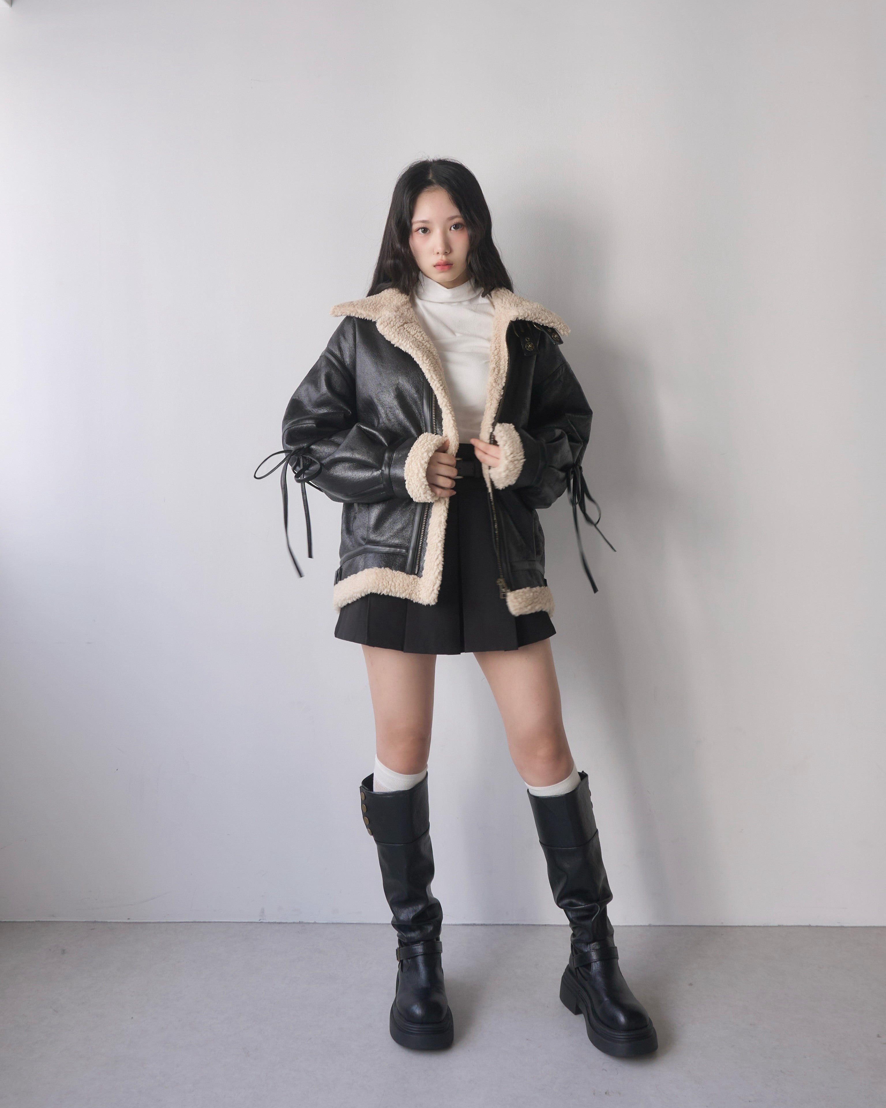 マルチウェイヴィンテージレザーライクベルトボアコート｜MELLOWNEON