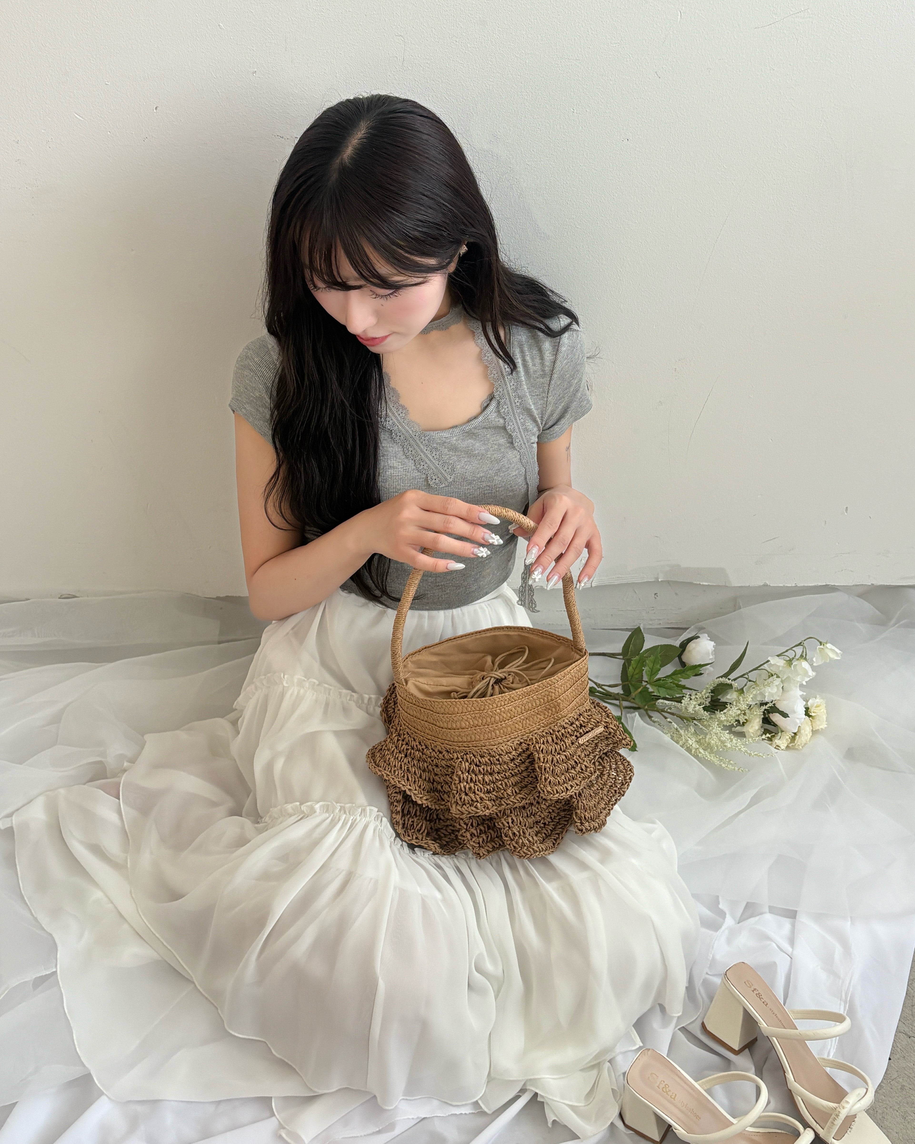 Logo Plate Frilled Basket Bag