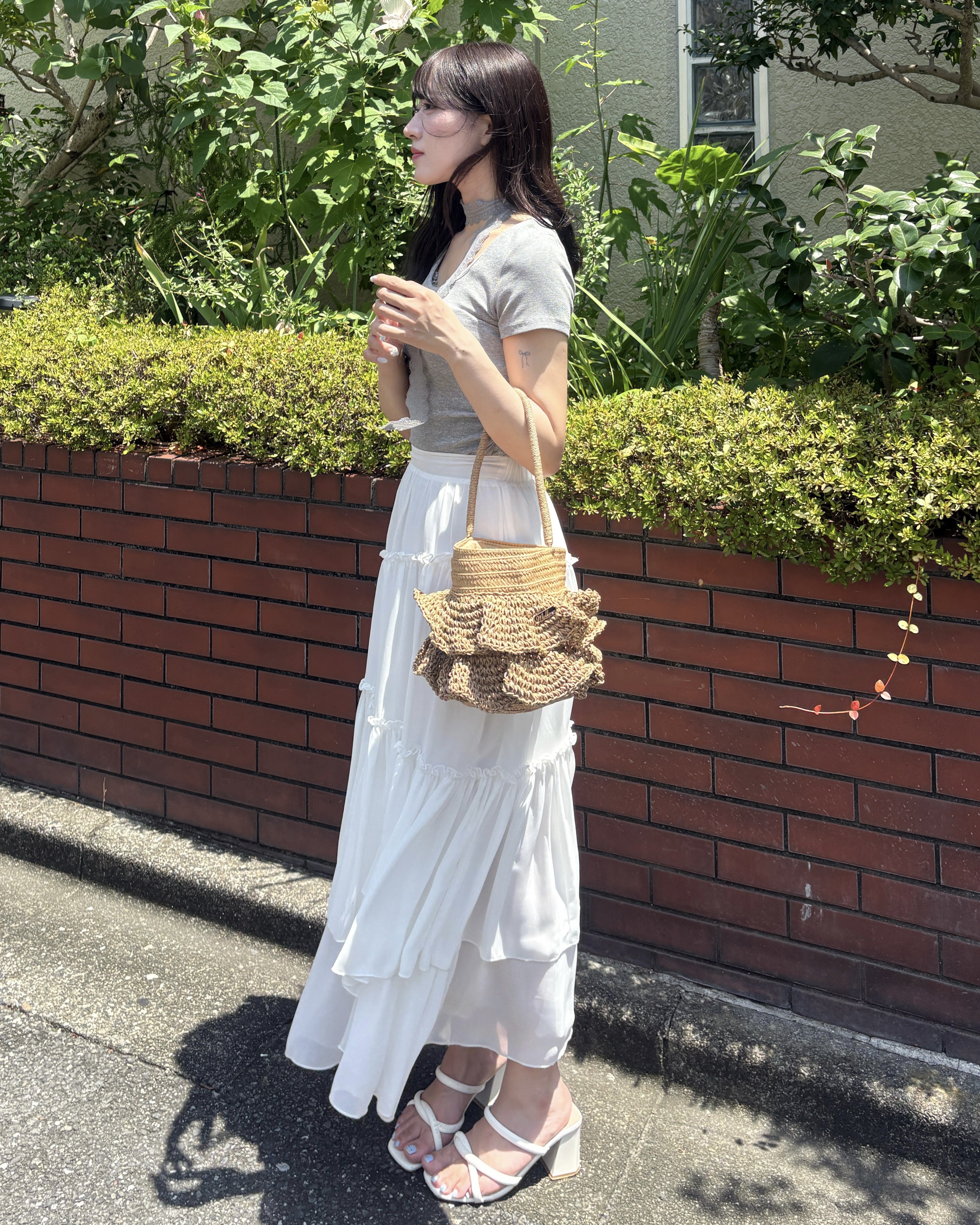 Logo Plate Frilled Basket Bag