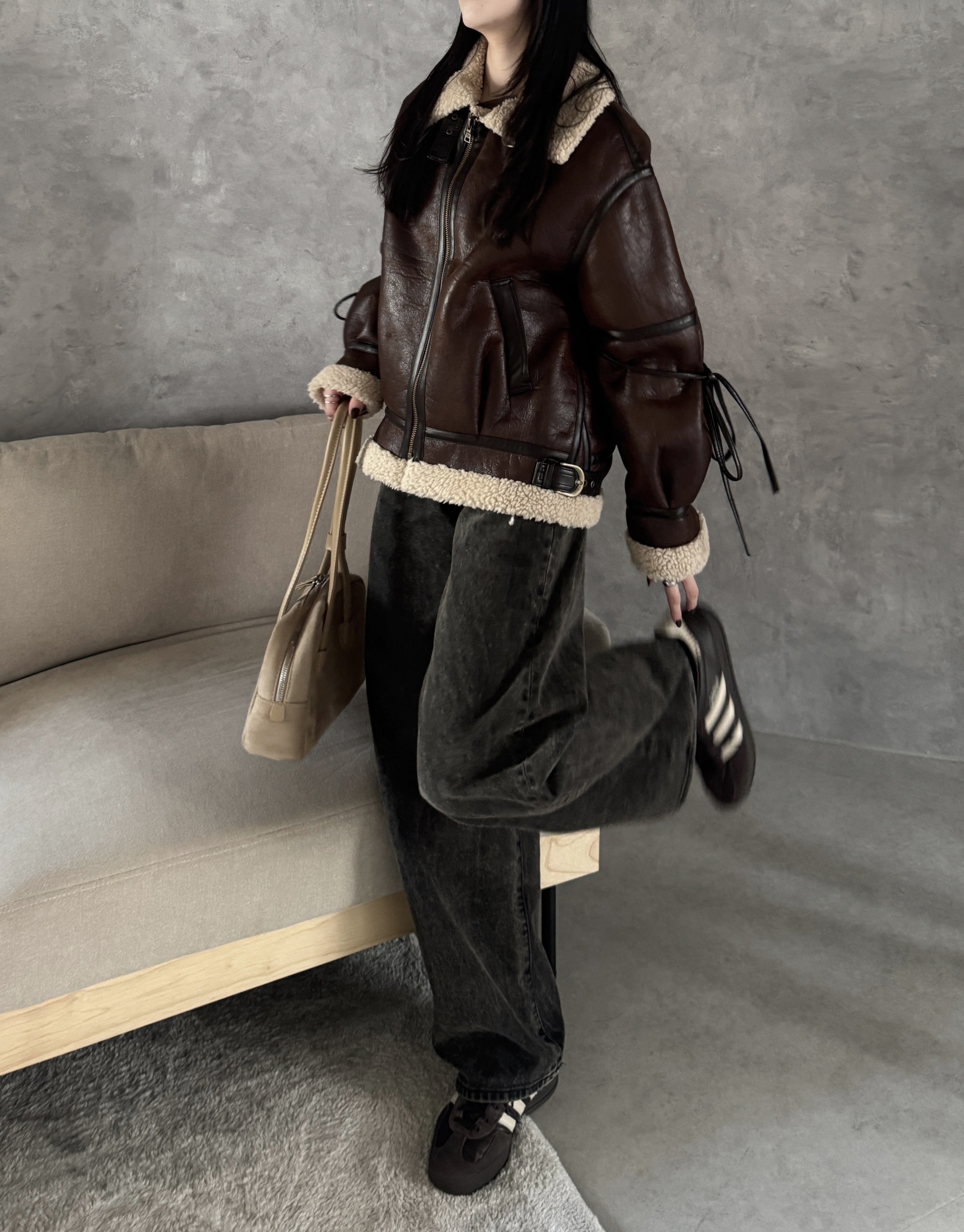 マルチウェイヴィンテージレザーライクベルトボアコート｜MELLOWNEON