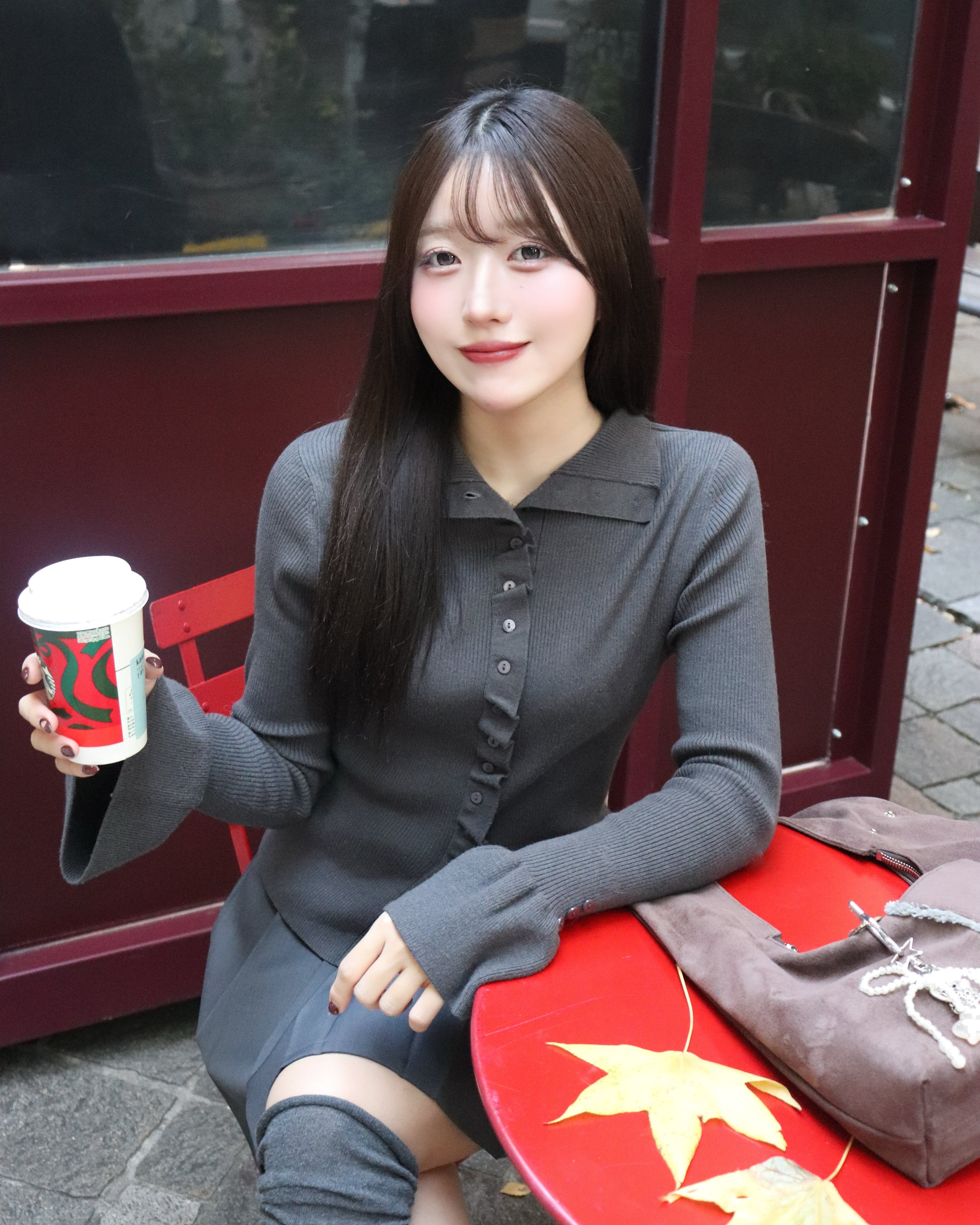 2wayボタンフリルデザインリブニット