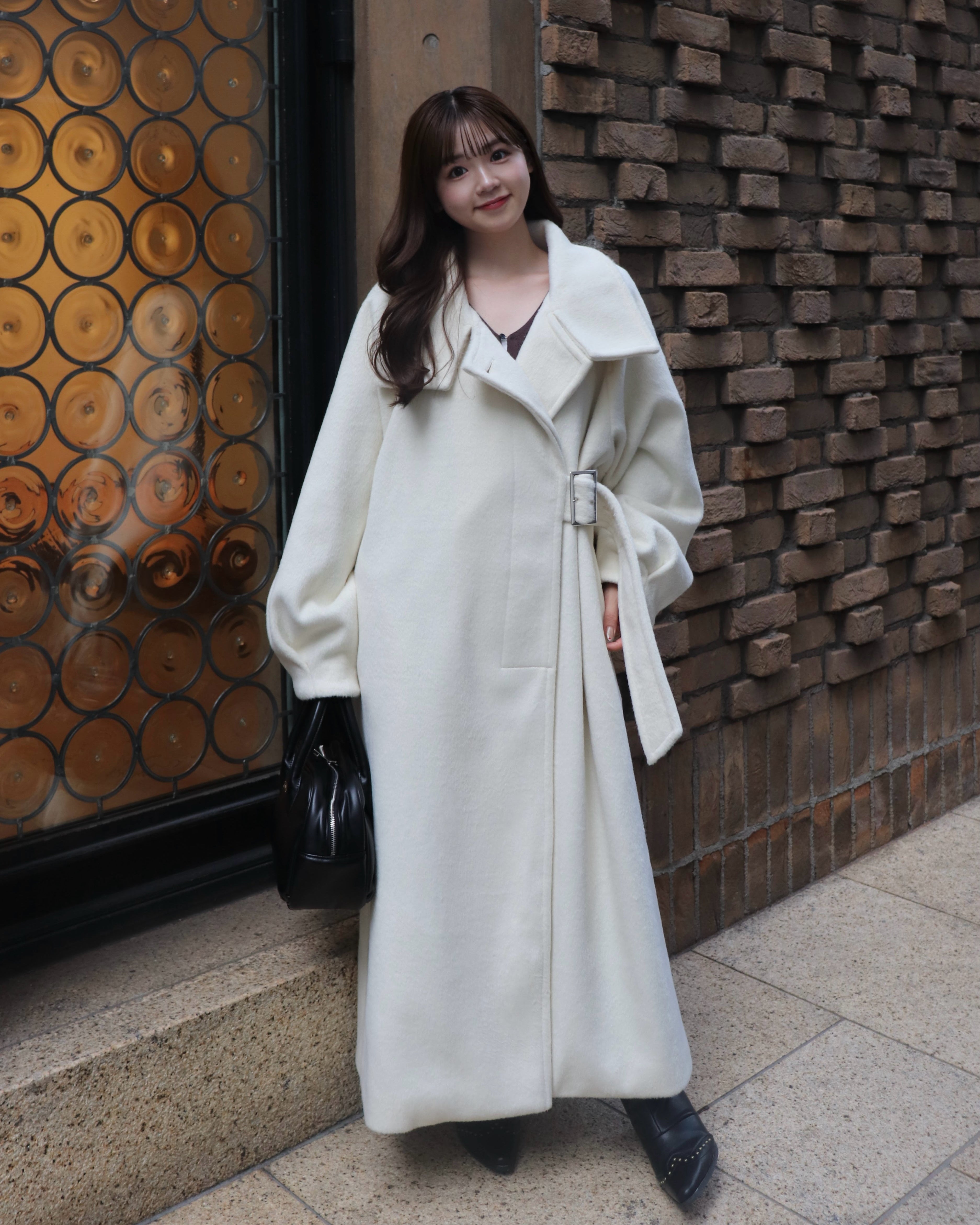 2wayスタンドカラーサイドベルトロングコート｜MELLOWNEON