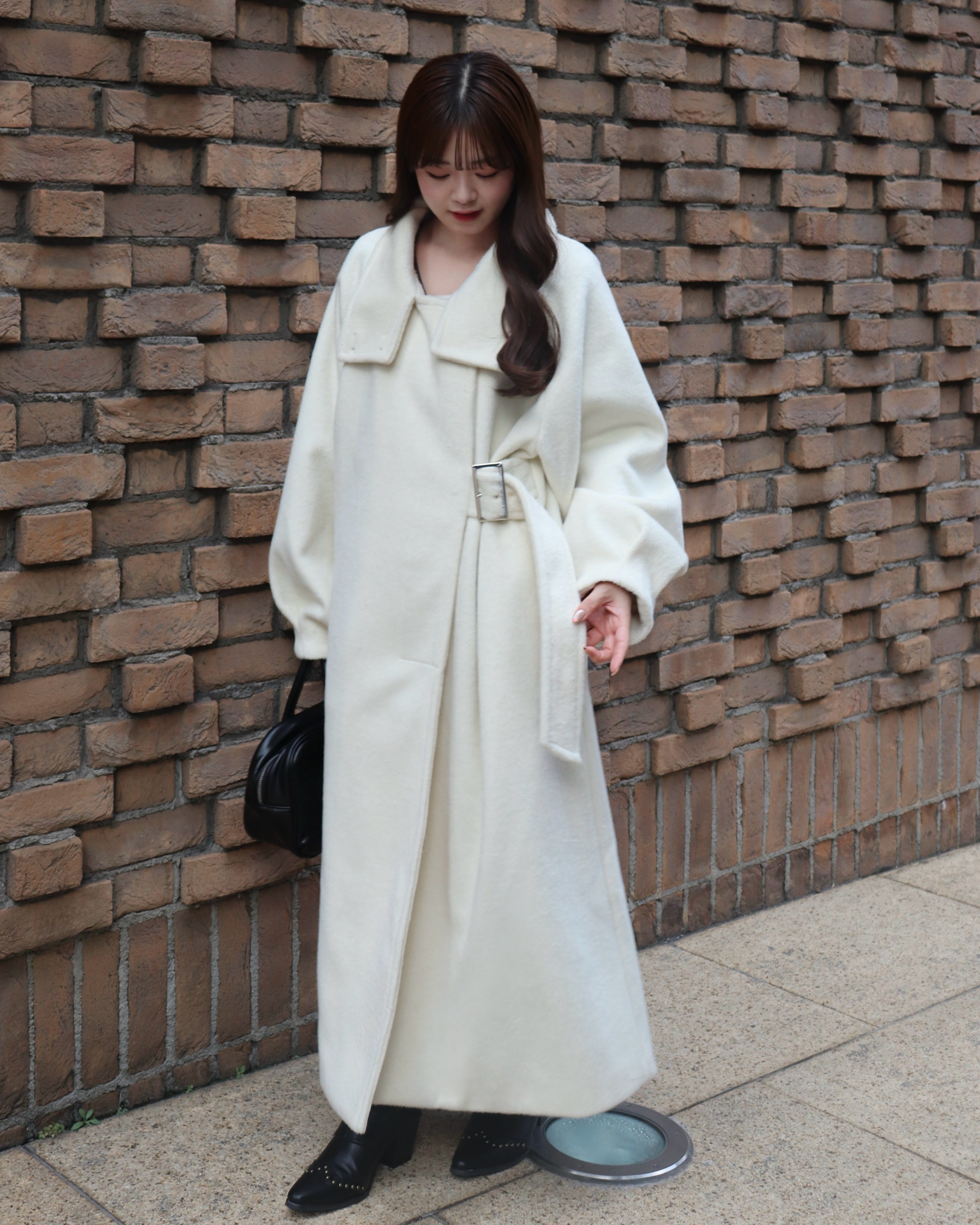 2wayスタンドカラーサイドベルトロングコート｜MELLOWNEON